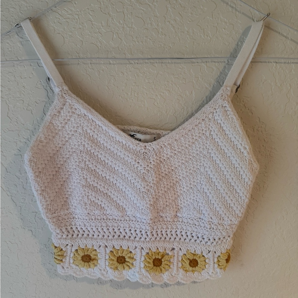 Hollister White Crochet Crop Top with Sunflower Accents